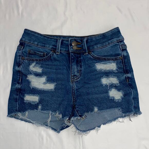 High Rise Button Fly Distressed Cut Off Shorts Sz 3/26 Blue Denim Simple Society - Picture 10 of 10